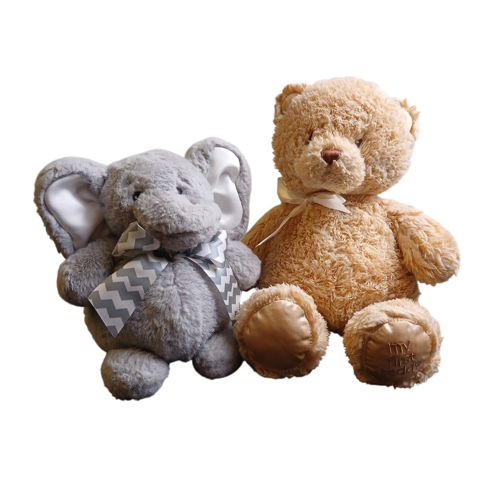 GUND My First Teddy Bear and Gray Elephant Plush Stuffed Animal Set Tan Gray‎